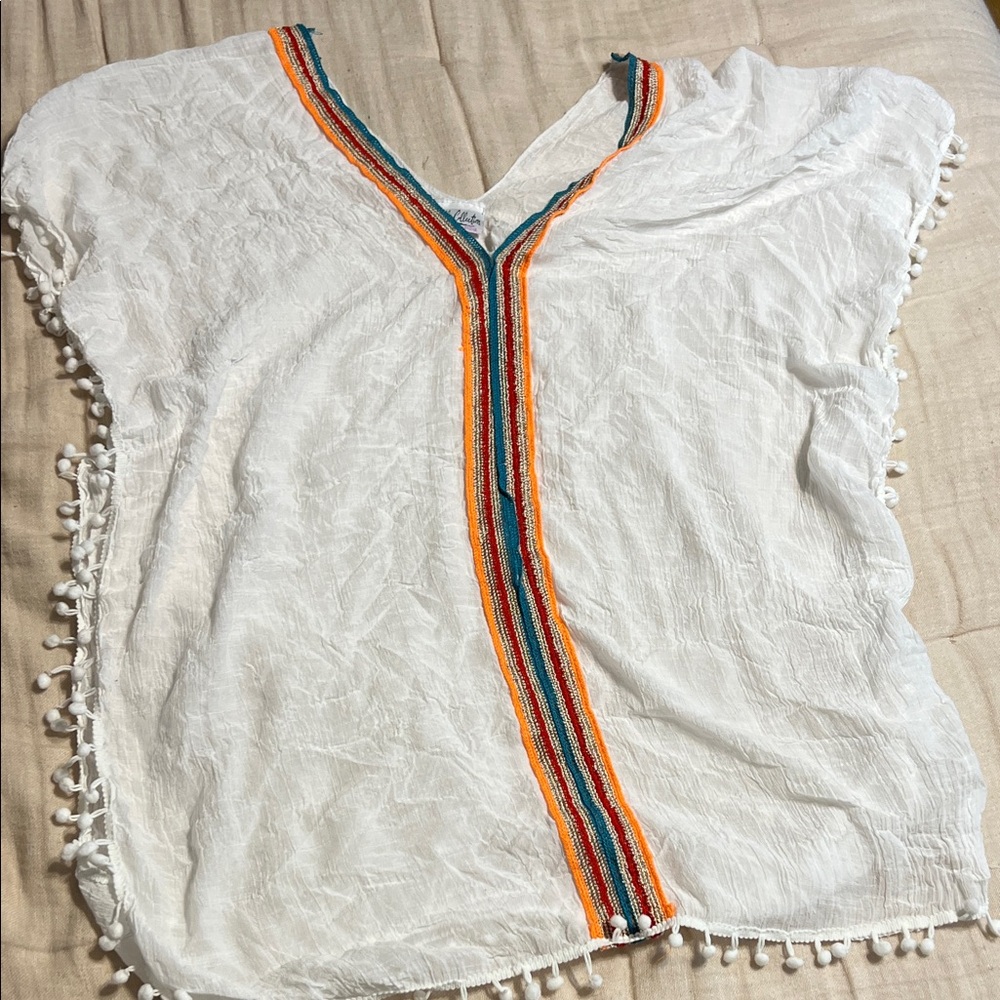 White V-Neck swim coverup with Colorful Trim 100% viscose